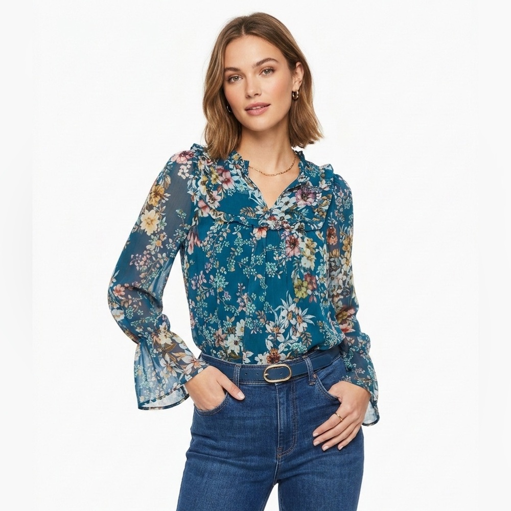 Eri & Ali Anthropologie NWOT Floral Blue Women's Top Long Sleeve